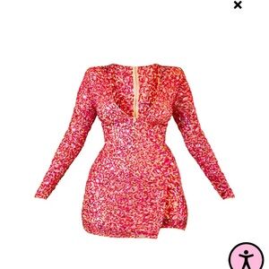 Prettylittlething pink premium plus embellished plunge L/S bodycon dress US12